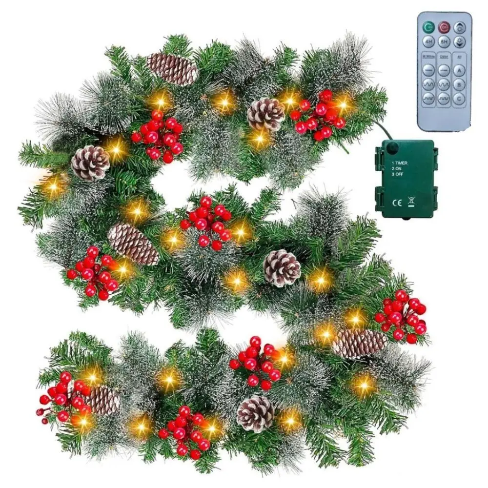 

8 Modes LED Christmas Garland Waterproof Timer Lighted Xmas Wreath Lifelike PVC Christmas Hanging Ornaments Window Display