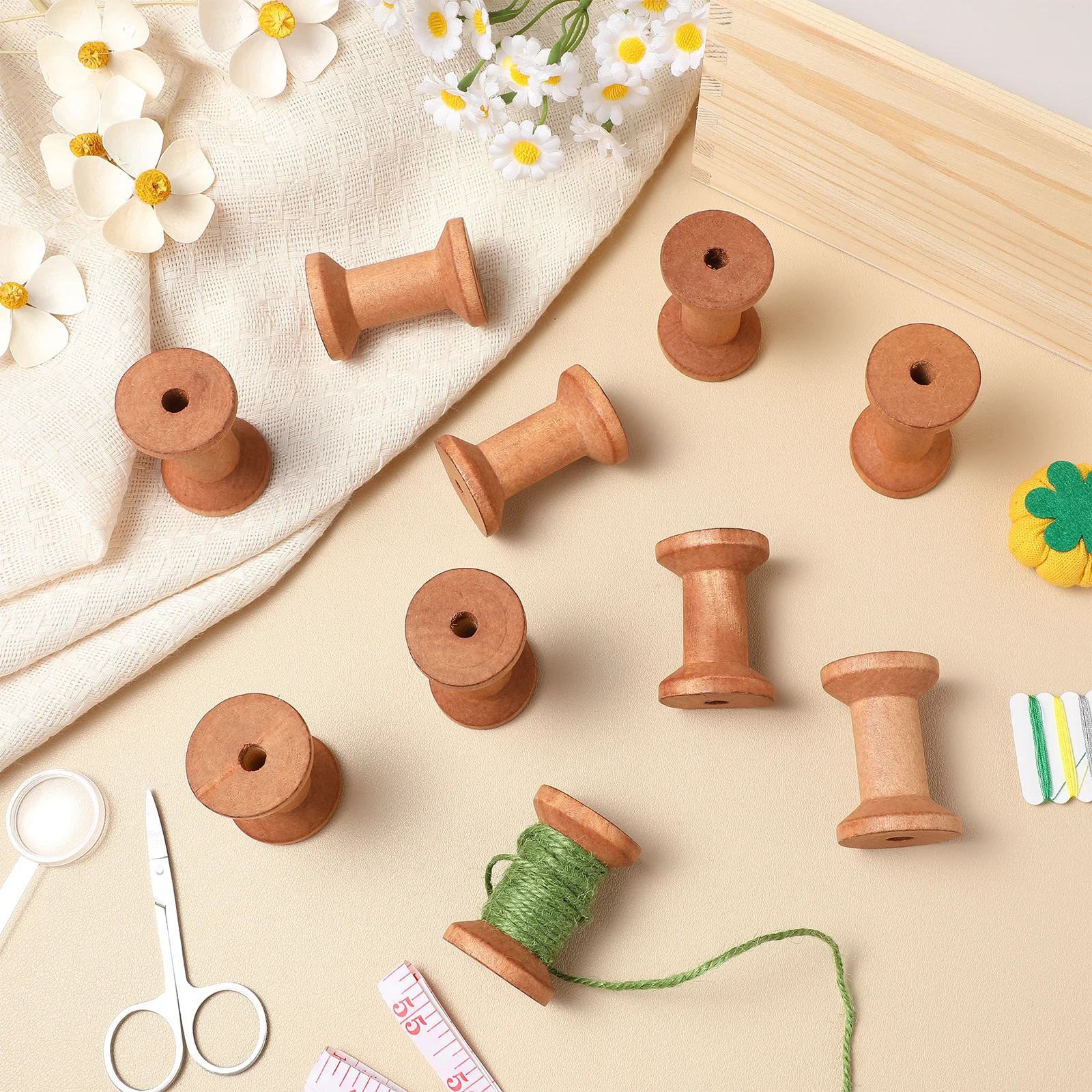 

20pcs Wooden Spools Empty Thread Bobbins 50X35MM Shallow Brown Rustic Sewing Yarn Holder Embroidery Weaving Knitting