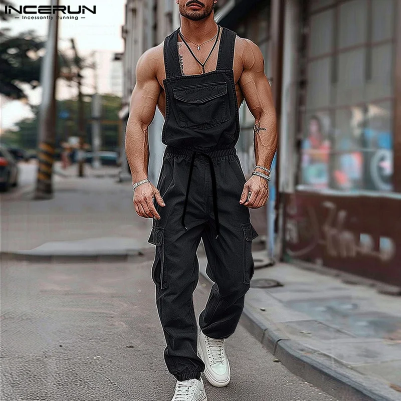 INCERUN 2024 Men Jumpsuits Solid Sleeveless Drawstring Loose Straps Rompers Streetwear Pockets Fashion Casual Cargo Overalls Men