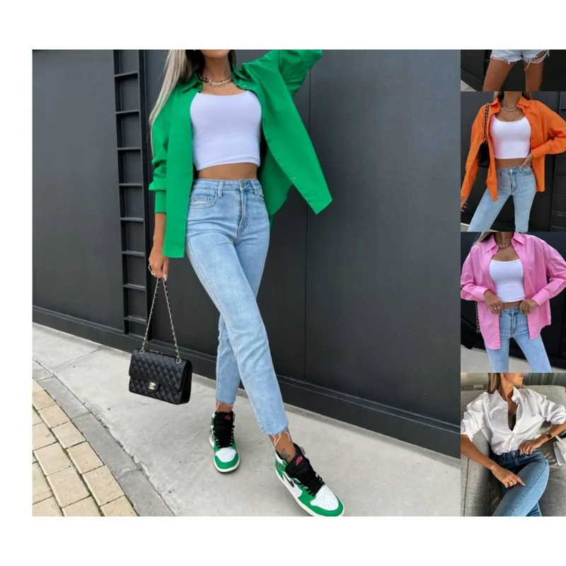 

Loose Long Sleeve V-Neck Button up Pure Color Shirt Spring Summer New Style Women's Business Casual Fashion Polyester Fiber