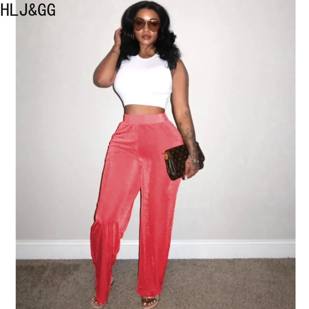 HLJ&GG Fashion Velvet Loose Wide Leg Pants Women Elastic High Waist Straight Trousers Casual Female Solid Color Matching Bottoms