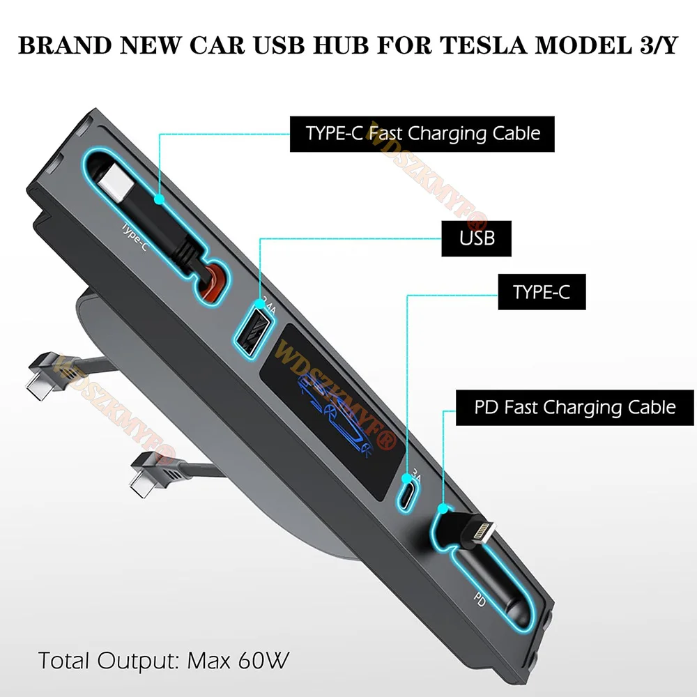 Para Tesla Model 3 Y 2023 27W cargador rápido USB Shunt Hub estación de acoplamiento inteligente adaptador de coche divisor alimentado extensión