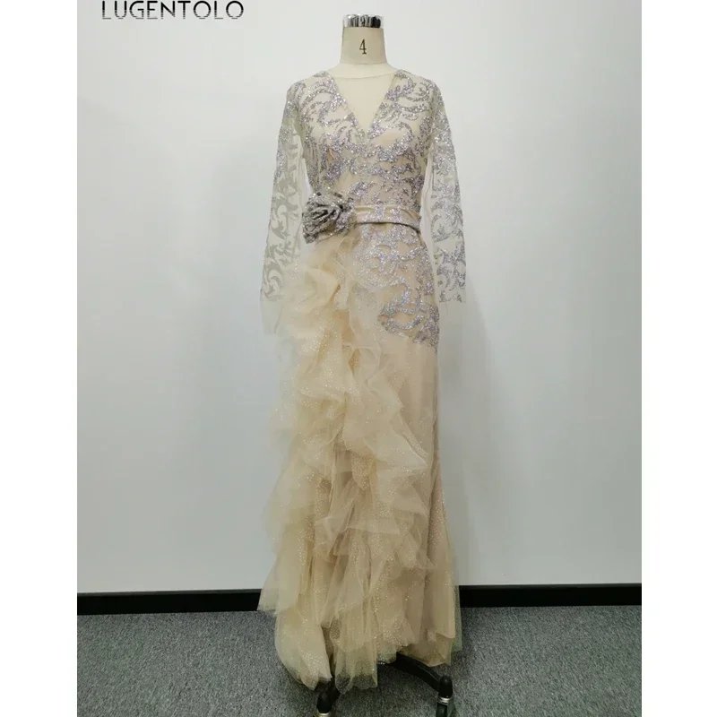Women Party Dress Sequin Slim Bow Long Sleeve Banquet O-neck Lady Mesh Elegant Dinner Clothing Lugentolo