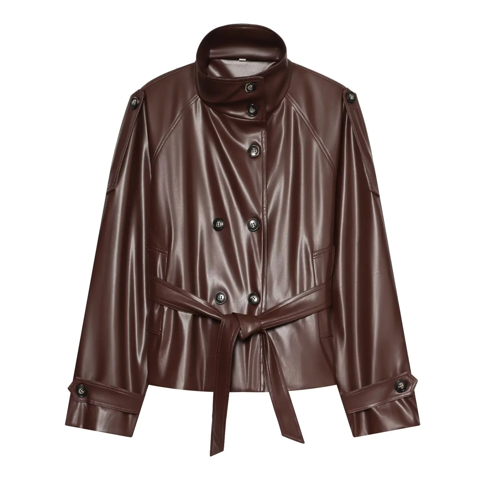 Women's Short Leather Effect Trench Coat, Lapel Double Breasted Windbreaker with Belt, Vintage Faux Leather Jacket