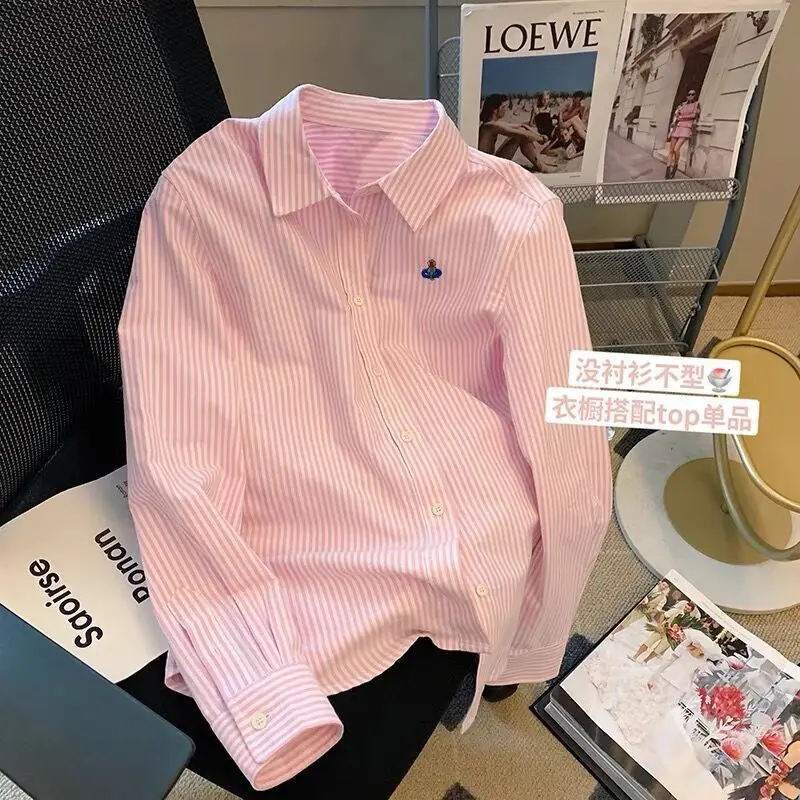 Solid Color Office Lady Striped Ladies Tops Spring Autumn Preppy Style Long Sleeve Shirts 2024 New All-match Women\'s Clothing