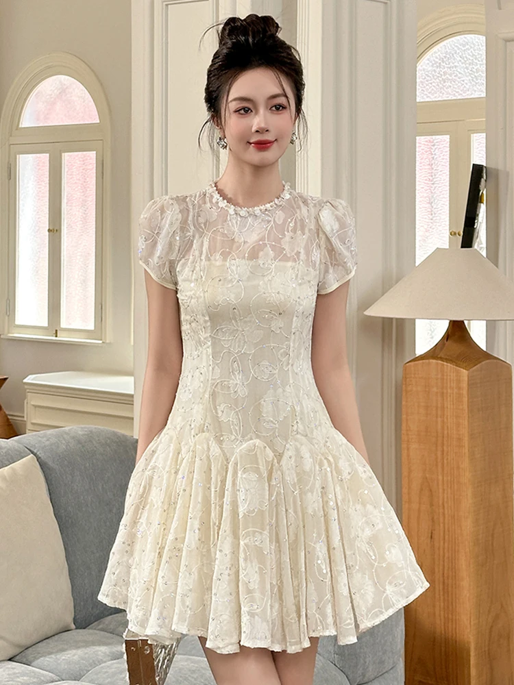 ชุดเดรสเซ็กซี่หรูหราสำหรับผู้หญิง ออกเดท ผ้าซีทรู ปักลายดอกไม้ แต่งระบาย ทรงบอลกาวน์ ประดับกลิตเตอร์ สวยสง่า สำหรับงานปาร์ตี้ คลับ