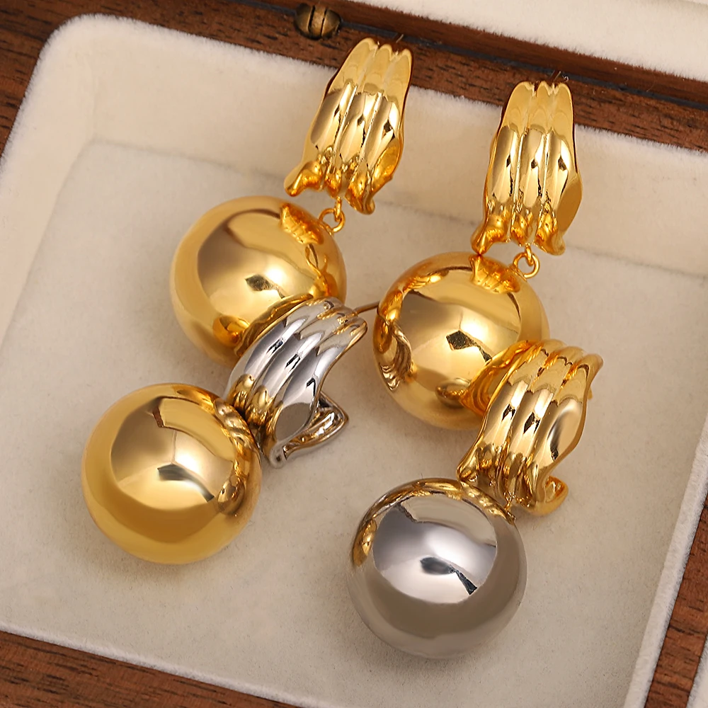 AENSOA Two-Tone Gold Silver Color Ball Pendant Hanging Earrings for Women Unique Design Fancy Bead Drop Earring Fashion Jewelry