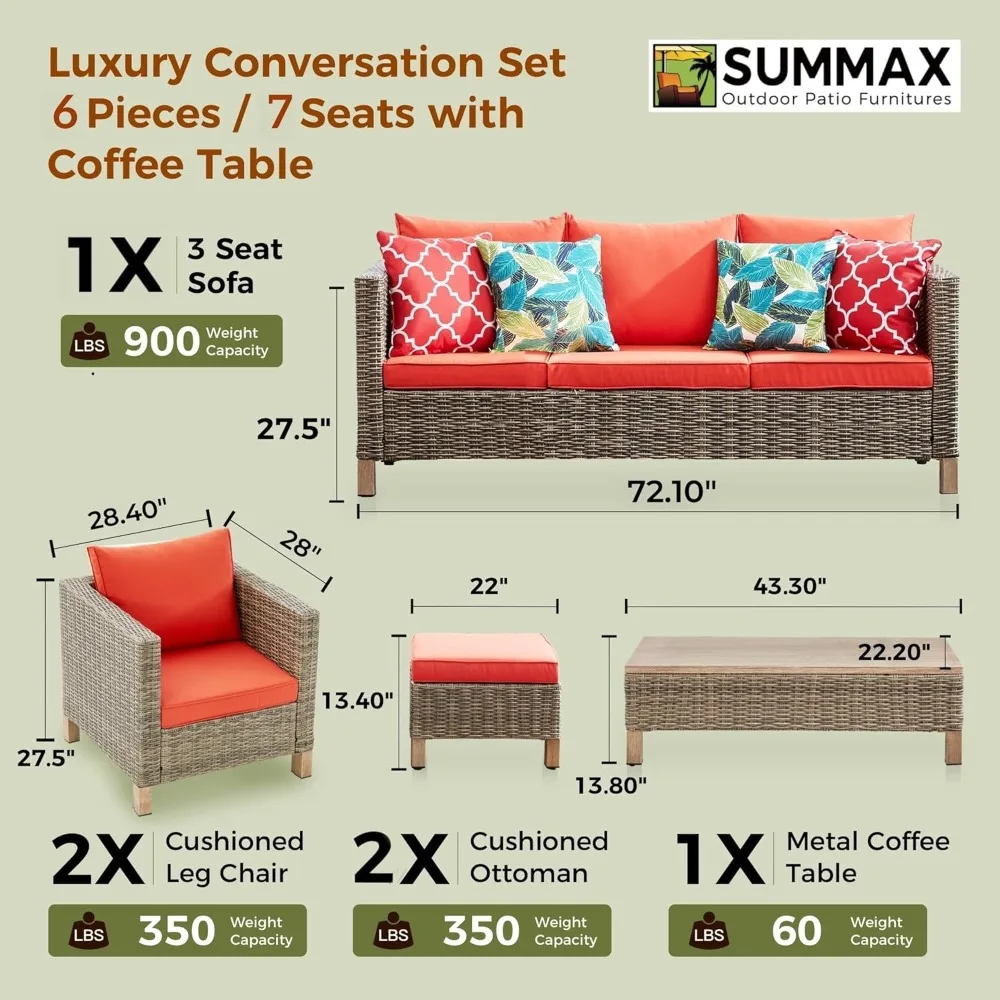 Sofa with Metal Top Coffee Table, 6 Pieces Conversation Set Reinforced Wicker Rattan Outdoor Furniture for Garden, Patio