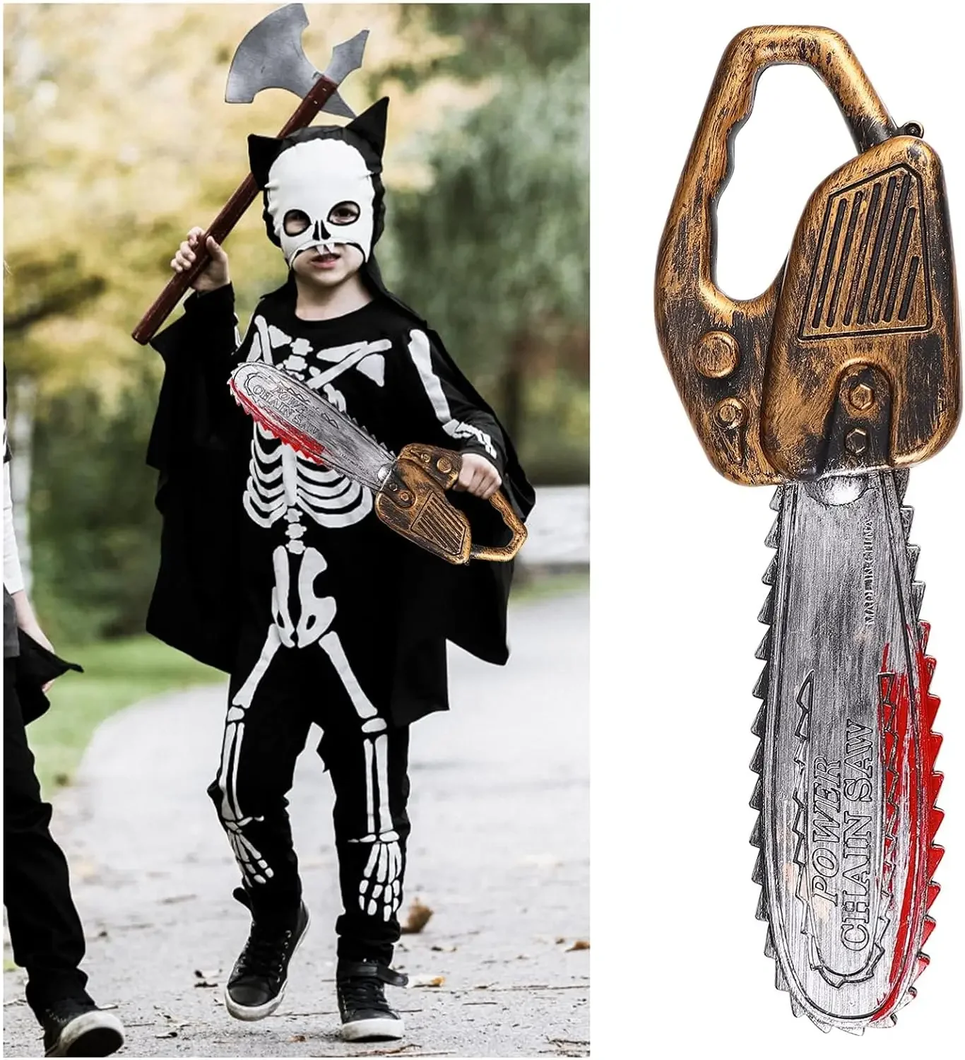 Realistic Fake Chainsaw Prop - Plastic Halloween Toy with Blood Effects, Creepy Prank Decor for Haunted House Parties