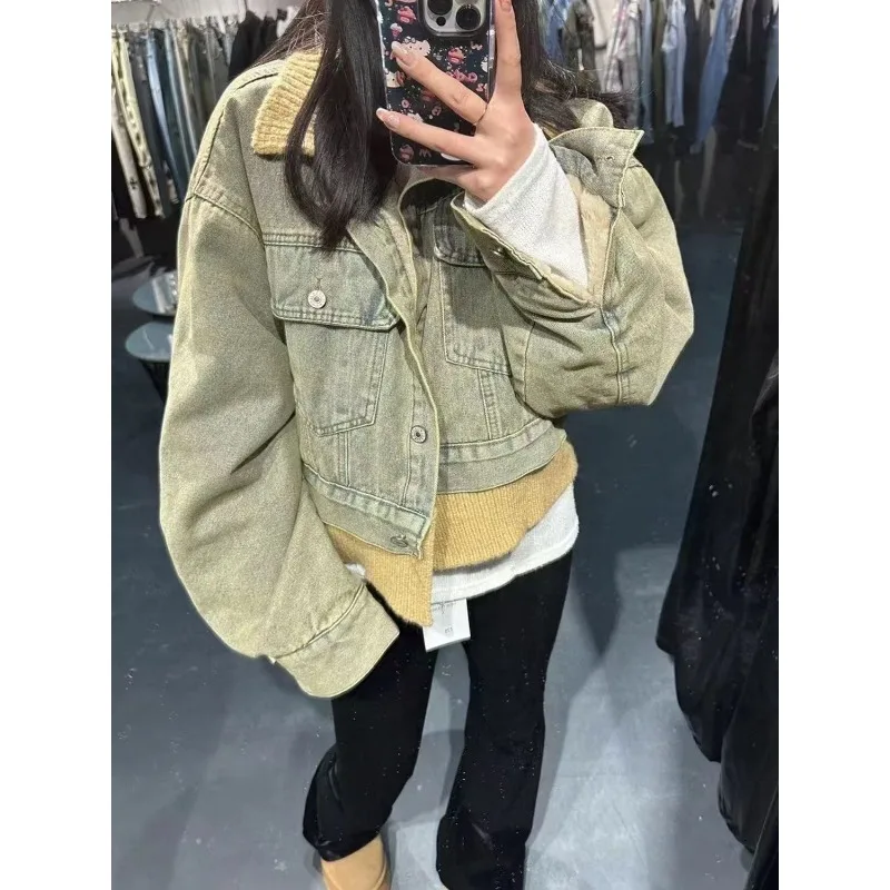 

Блузка-куртка женская джинсовая осенне-зимняя, утепленная флисом, имитация двухслойности, в американском стиле, ретро, с контрастными вставками, новинка