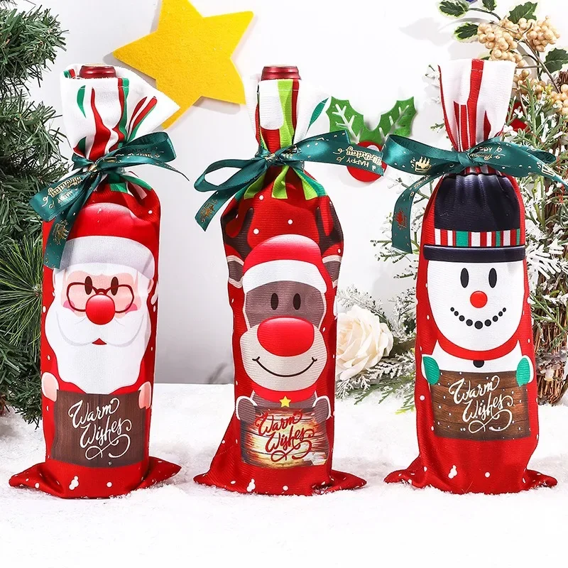 Printed Christmas Wine Bottle Cover Santa Claus Snowman Reindeer Red Wine Champagne Bottle Cover Joy 2025 Noel Supplies