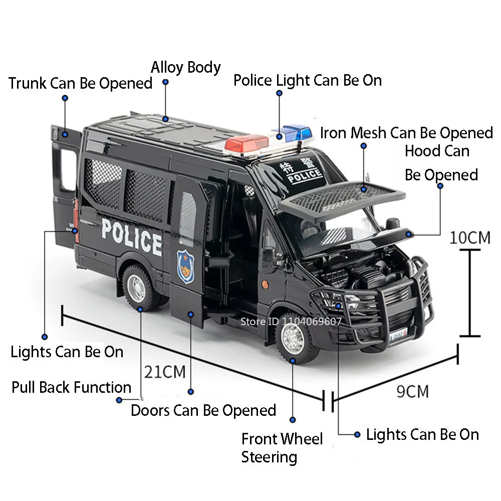 Maßstab 1:24 H2 Polizeiauto Spielzeug Miniaturmodelle Legierung Druckguss Türen geöffnet zurückziehen Sound Licht SWAT Fahrzeug Geschenke für Jungen – Detail 5