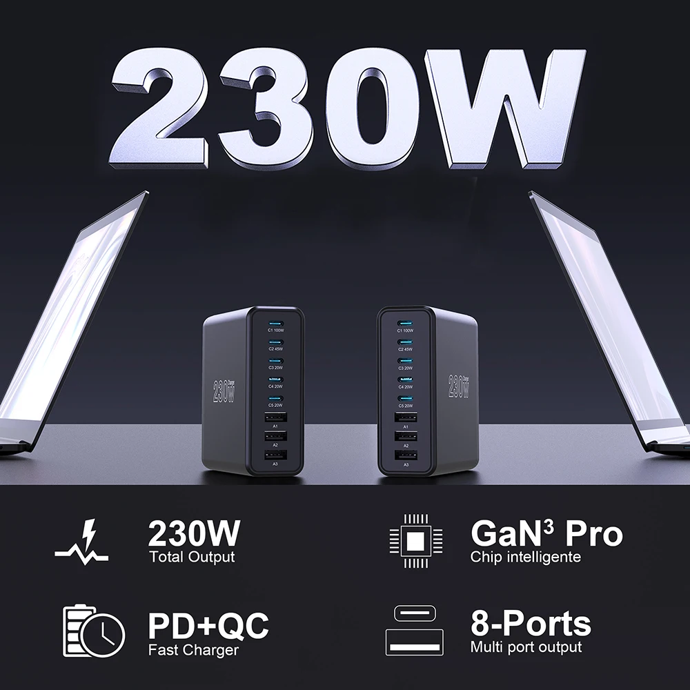Ueetop 230W GaN USB C Charger Desktop Charging Station Multiple Port PPS PD 100W 65W 45W Fast Charge For Macbook iPhone Samsung