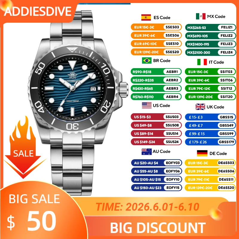

ADDIESDIVE 41mm Men's Analog Quartz Watch BGW9 Luminous 20Bar Waterproof Diving Stainless Steel Luxury Watches AD2537 Male Clock