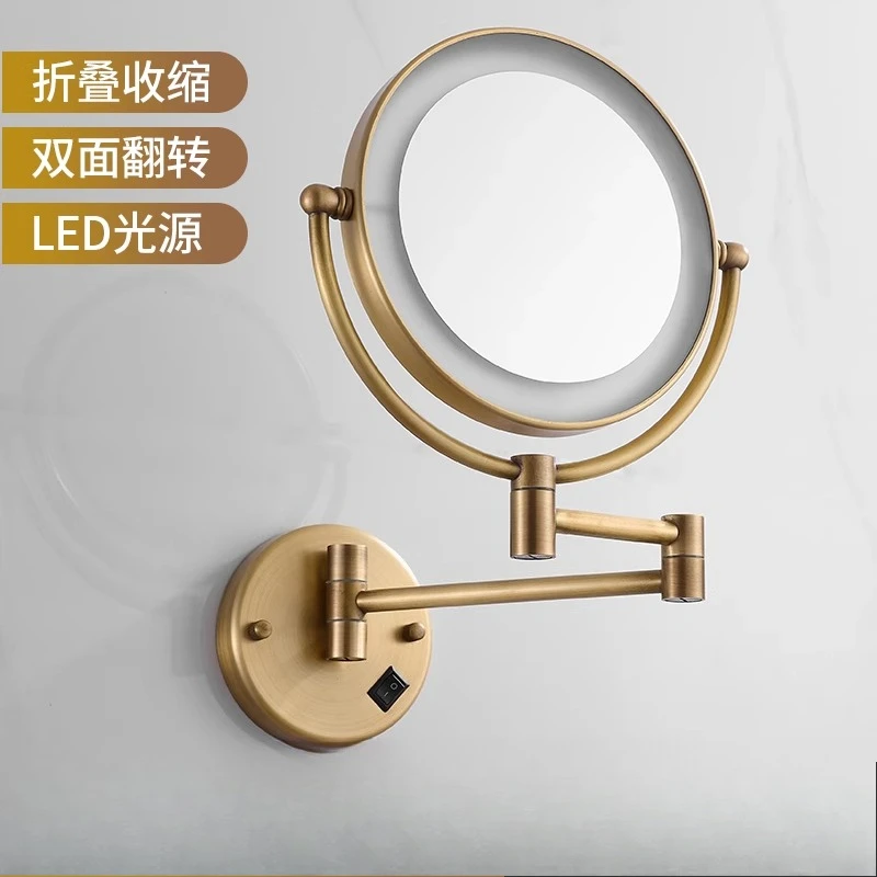 

All-copper antique bathroom makeup mirror with LED lamp rotating folding retro beauty mirror hotel retractable vanity mirror