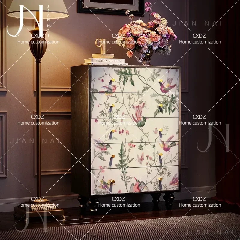 Solid wood locker painted five-bucket six-bucket cabinet Chinese flower and bird wall living room sofa bedside cabinet French