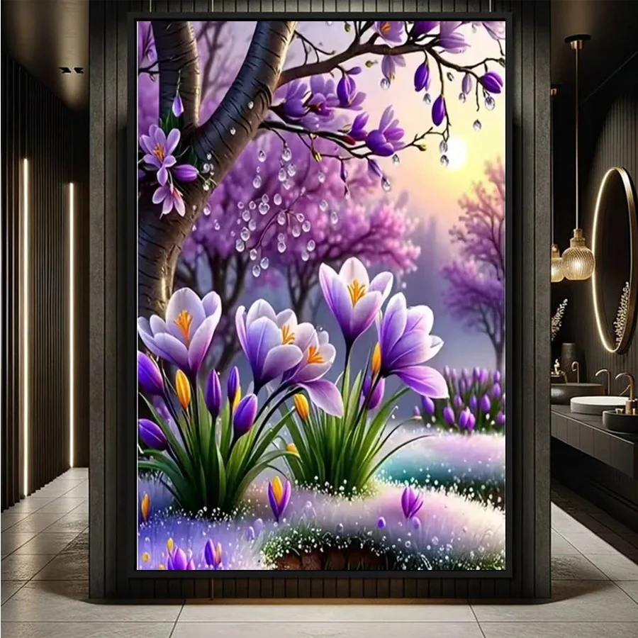Purple Flower Picture Diamond Mosaic full Rhinestones DIY Embroidery Sunset Suitable For Beginners Painting Tree Scenery decor