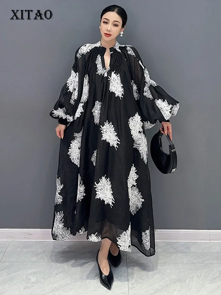 XITAO Loose Print Dress Fashion Temperament Elegant Goddess Fan Women Autumn New Arrival V-neck Appear Thin Dress HQQ1452