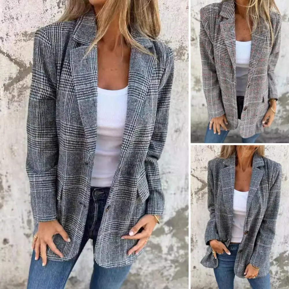 Retro Suit Coat Houndstooth Print Lapel Suit Coat with Flap Pockets for Women Single-breasted Business Outwear Loose Fit Style