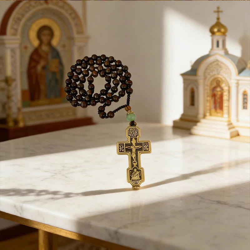 Orthodox Christian Chotki Dark Brown Wooden Prayer Beads With Bronze Crucifix And Green Jade Bead For Daily Prayer And Meditatio view 6