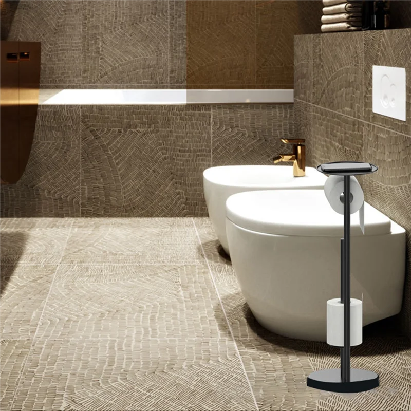 

Black Toilet Paper Holder Stand With Shelf, Freestanding Toilet Paper Holder, Heavy Base No Tipping Over For Bathroom-AA26