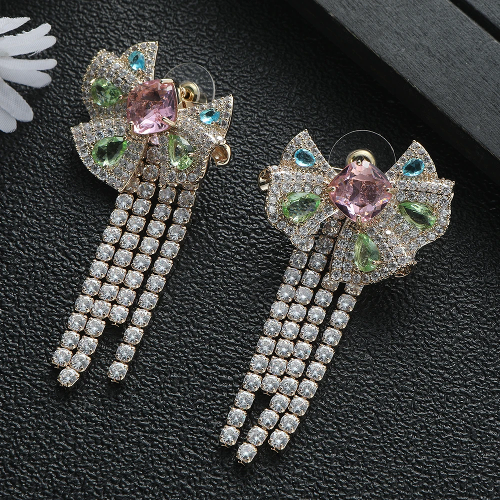 

Ladies' luxury geometric bow long tassel earrings cubic zirconia Dubai wedding banquet party jewelry A0244