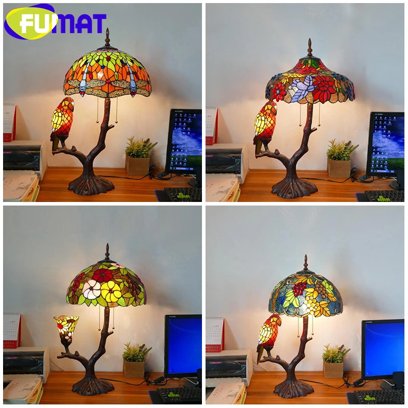 

FUMAT Tiffany style stained glass parrot retro table lamp for living room study desk lamp cafe hotel desk lamp LED decor