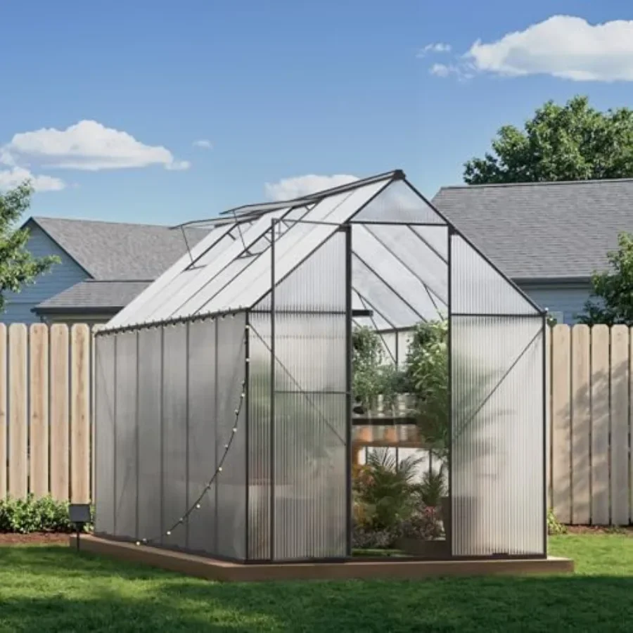 Outdoor greenhouse with heavy-duty polycarbonate feet, transparent, weather-resistant and stable base design