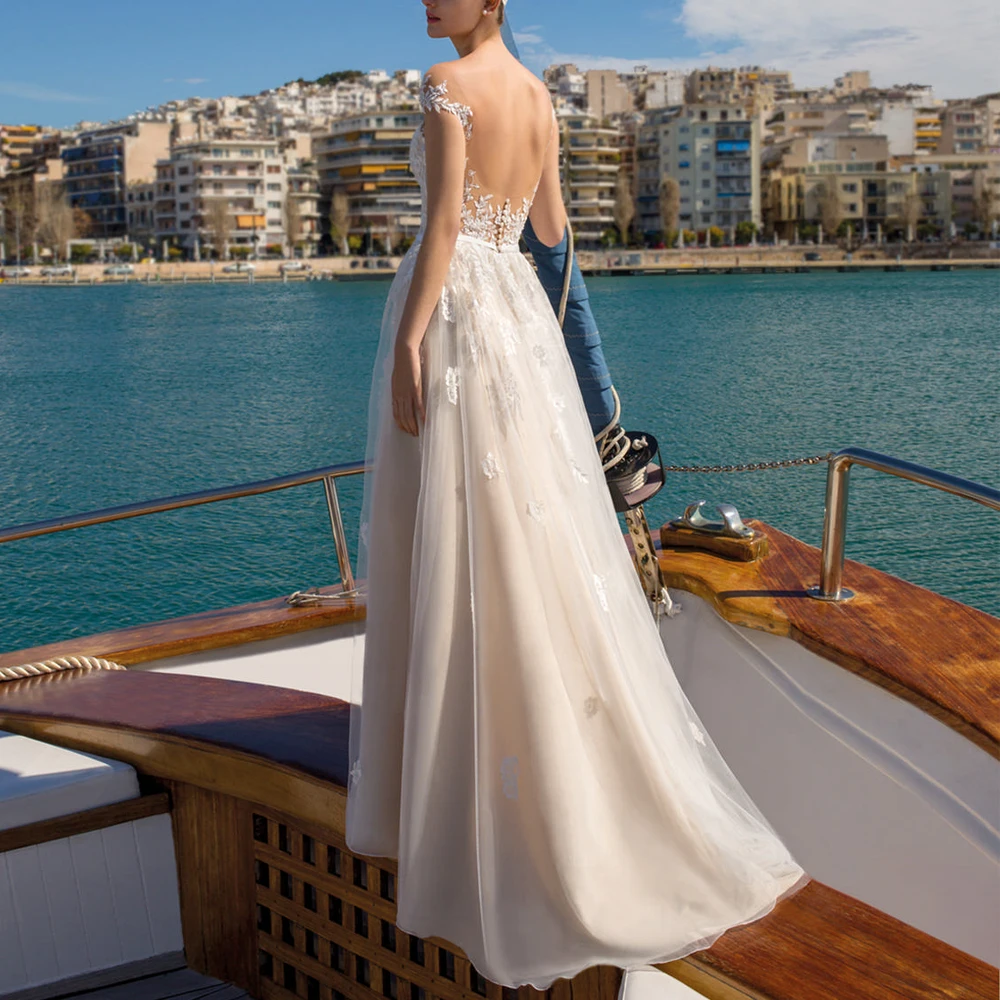 Abiti da sposa personalizzati con scollo a barca maniche corte da sposa Growns Applique in pizzo aperto sul retro floreale lunghezza del pavimento Vestido de novia