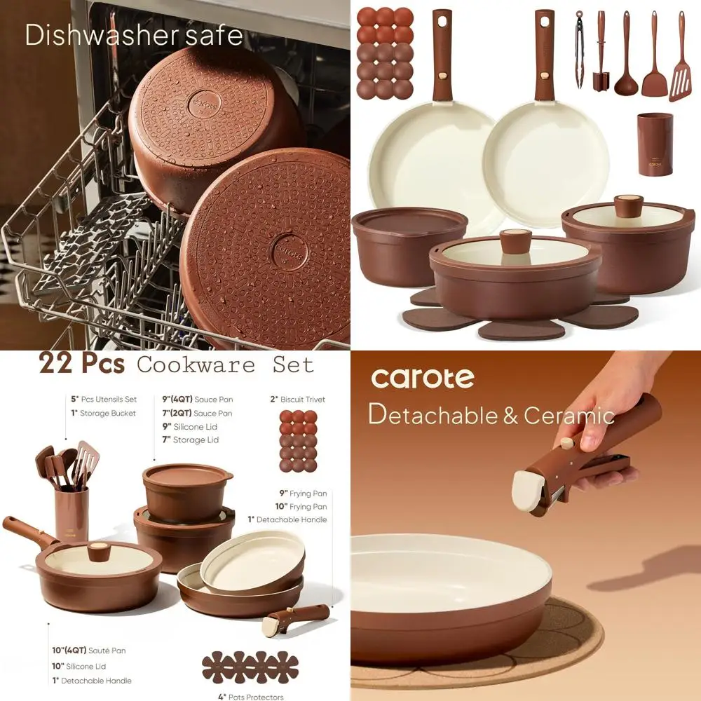 

Non-Stick Ceramic Cookware Set, 22-Piece, Detachable Pans & Pots, Oven/Dishwasher Safe, Induction Ready, Includes Knife & Utensi