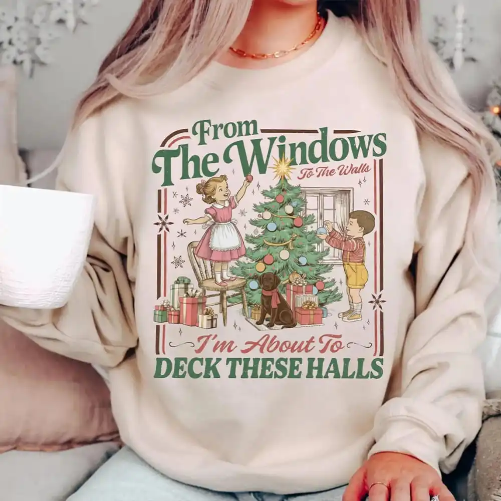 Von den Fenstern bis zu den Wänden, ich bin zum Deck. Diese Hallen-Sweatshirt, Vintage-Weihnachts-Unisex-Pullover, langärmelige Y2K-Pullover