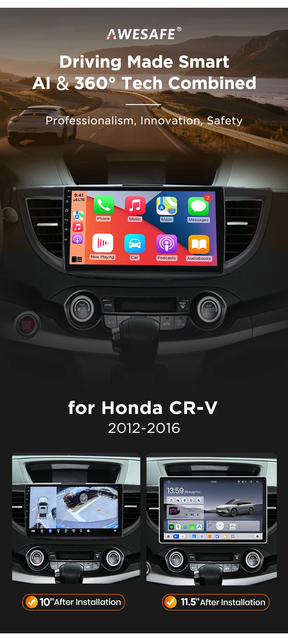 AWESAFE 10" Android Radio für Honda CRV CR-V 2012-2016, kabelloses CarPlay & Android Auto, GPS-Navigation, Multimedia-Unterstützung, Lenkradsteuerung, Subwoofer-Verstärker, Rückfahrkamera mit CAN-BUS, EU Plug and Play, DAB+ Digital Autoradio 2 DIN Autoradio Stereo RDS – Detail 4