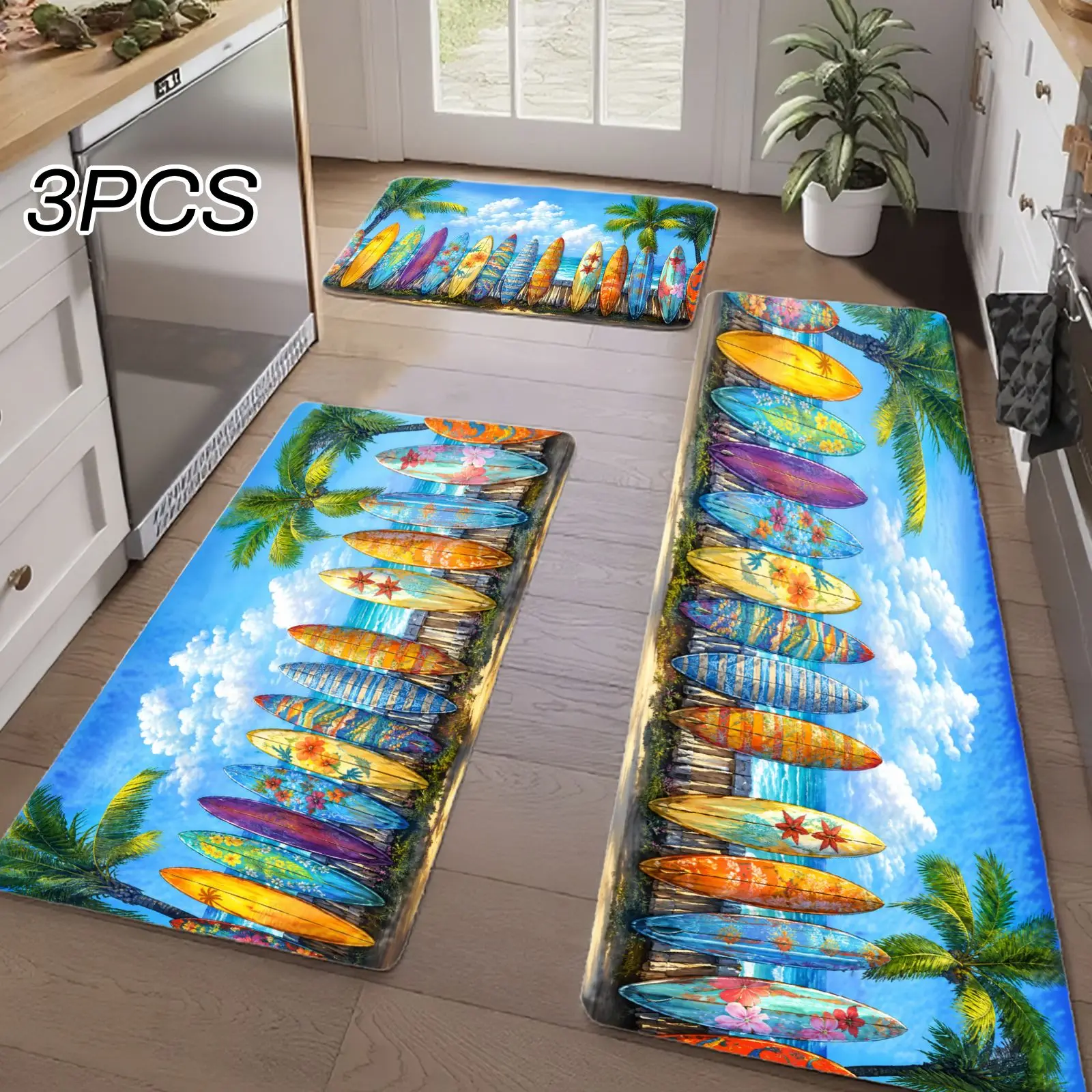 3PCS Kitchen Rugs,Home Decoration for Front Door, Kitchen, Bathroom, Tropical Beach Surfboards Palm Trees Sky Clouds Dining Mat