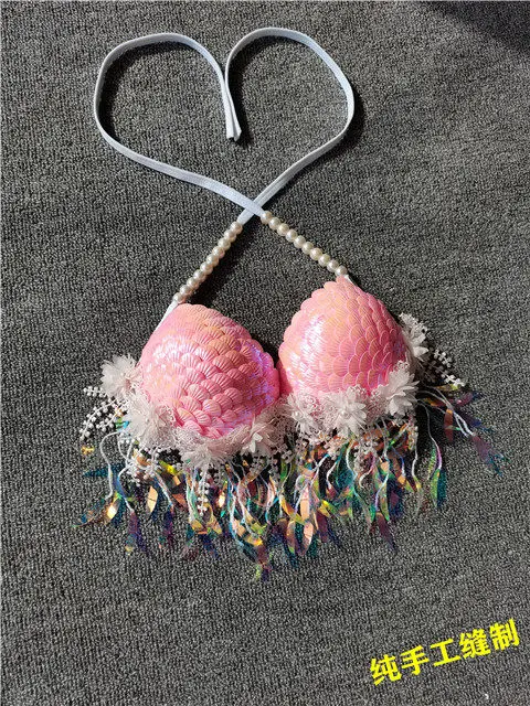 sequin bikini top bra, aquarium bar performance costume, fish tail skin