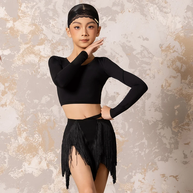 Stroje na zawody tańca latynoamerykańskiego dla dzieci, czarne topy latynoskie z frędzlami, spódnice dla dziewczynek, odzież do tańca towarzyskiego chacha dla dzieci, DW11171