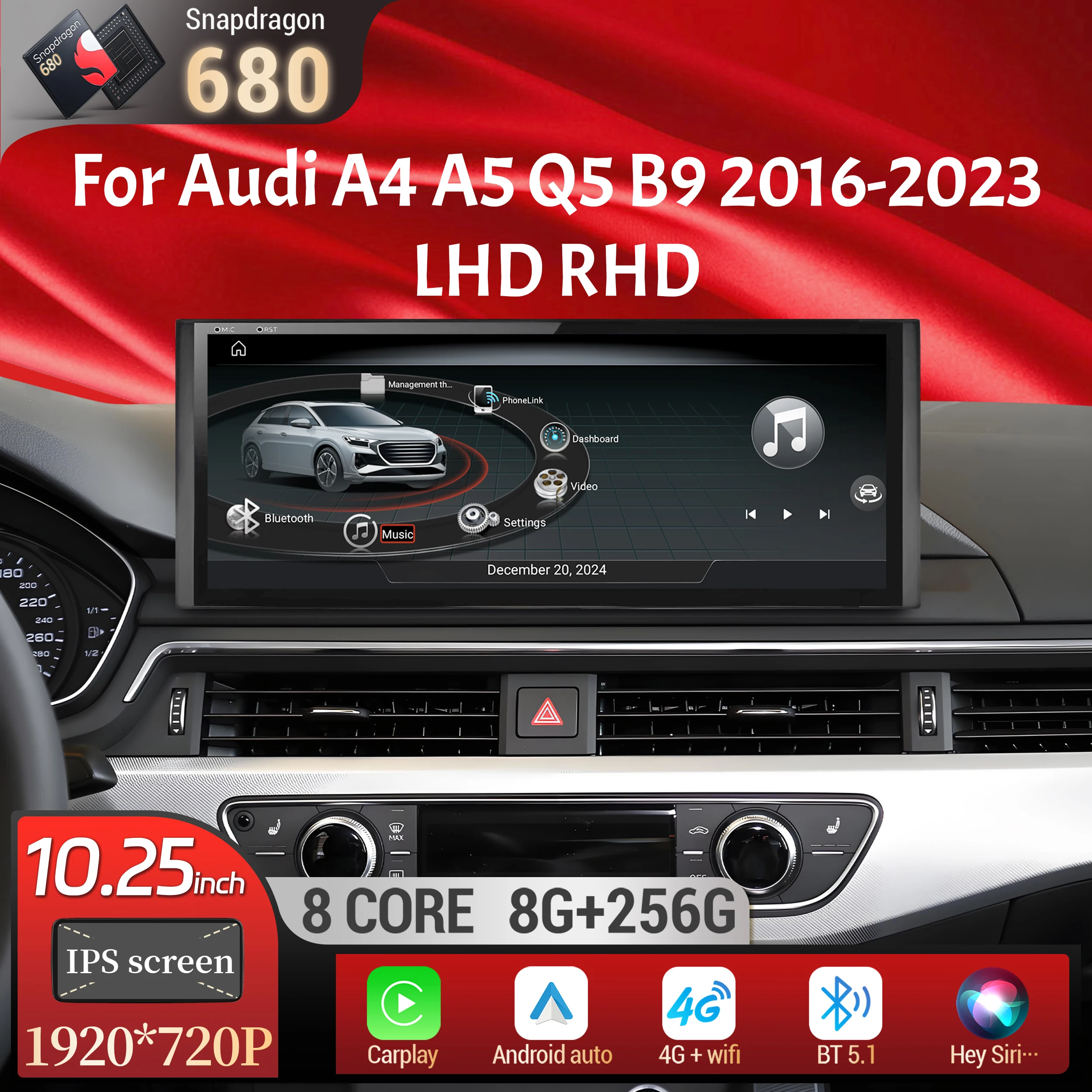 10.25 inch Android 13 LHD RHD For Audi A4 A5 Q5 B9 2016-2023 Car Radio Wireless BT Carplay Qualcomm Snapdragon 680 Touch Screen