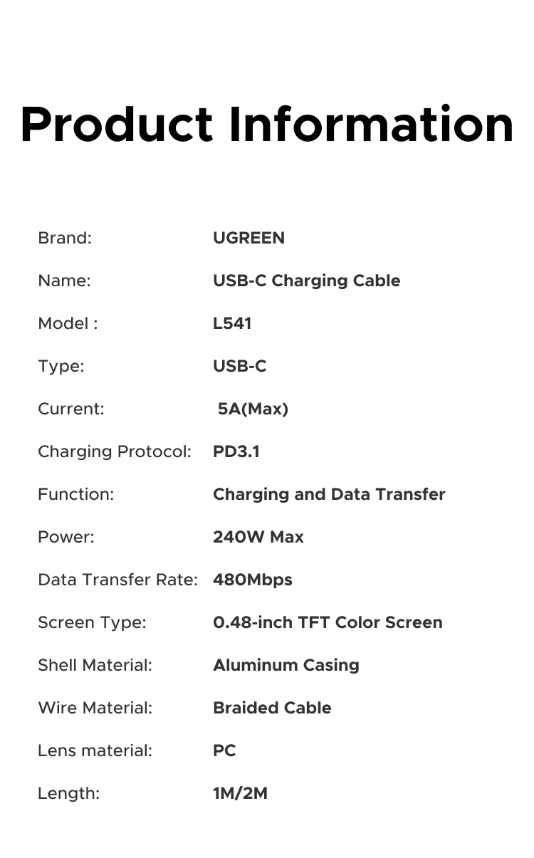 UGREEN PD240W USB-C to USB-C Cable with TFT Smart Display Nylon braided Aluminum 480Mbps for iPhone MacBook Galaxy Pixel XPS