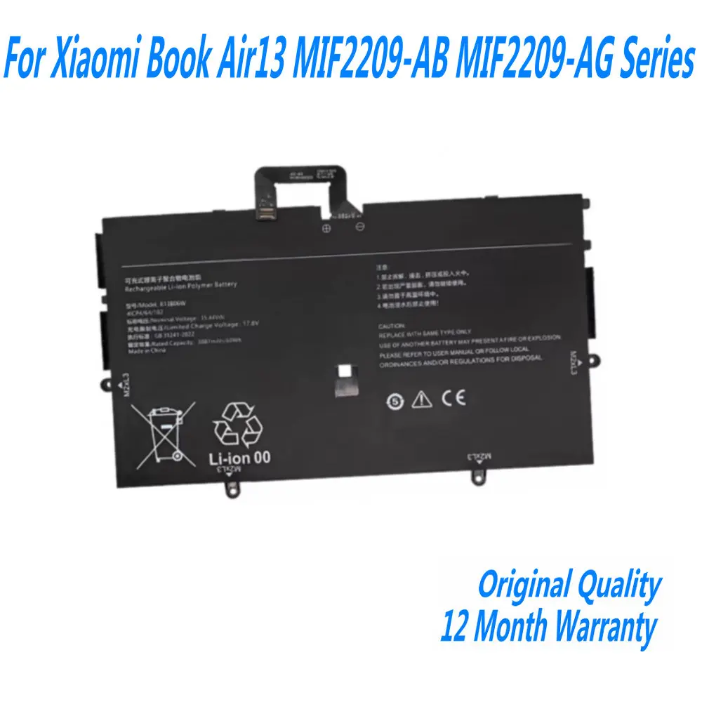 

15.44V 60Wh 3887mAh R13B06W Laptop Battery For Xiaomi Book Air13 MIF2209-AB MIF2209-AG Series 4ICP4/64/102