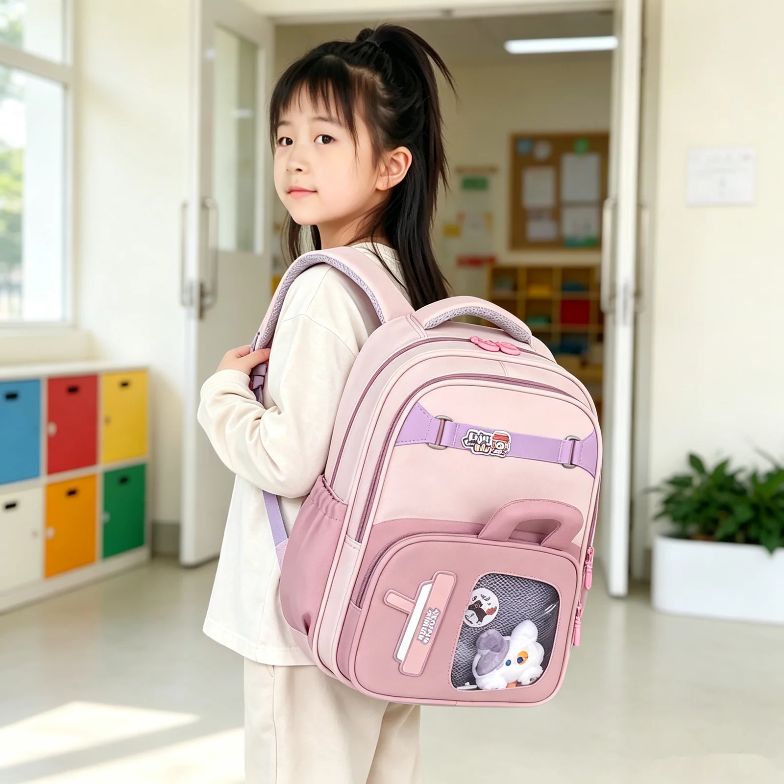 kids-backpack-with-transparent-pocket-plush-doll-decor-lightweight-waterproof-kindergarten-school-bag-girls-boys-daily-backpack