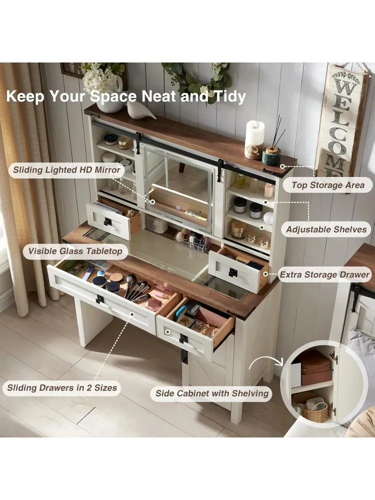 42-дюймовый туалетный столик в стиле фермерского дома с раздвижным зеркалом, подсветкой и местом для хранения макияжа