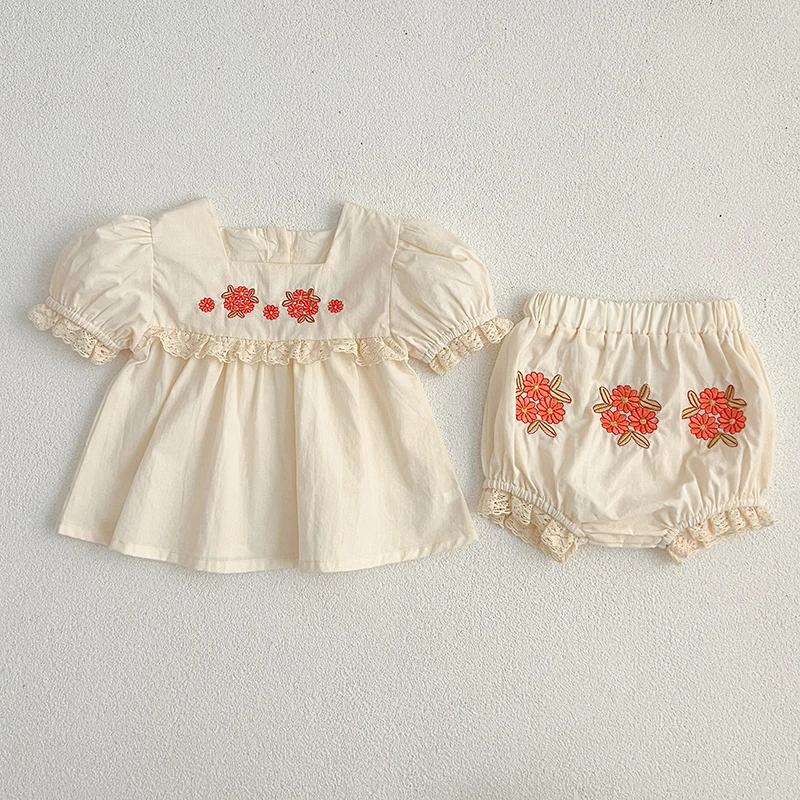 

2024 New Summer Toddler Baby Girl Clothes Set Short Sleeved Cotton Embroidered Shirt+PP Shorts 0-24M Children Clothing Suit