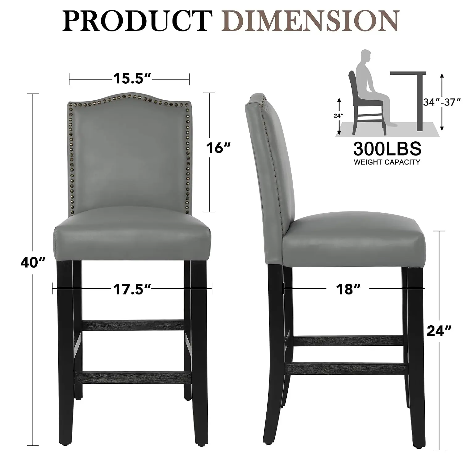 Bar Stools Set of 4,24 Inch Upholstered PU Leather Counter Height Bar Stools,Modern Counter Stools with Nailheads, Customized