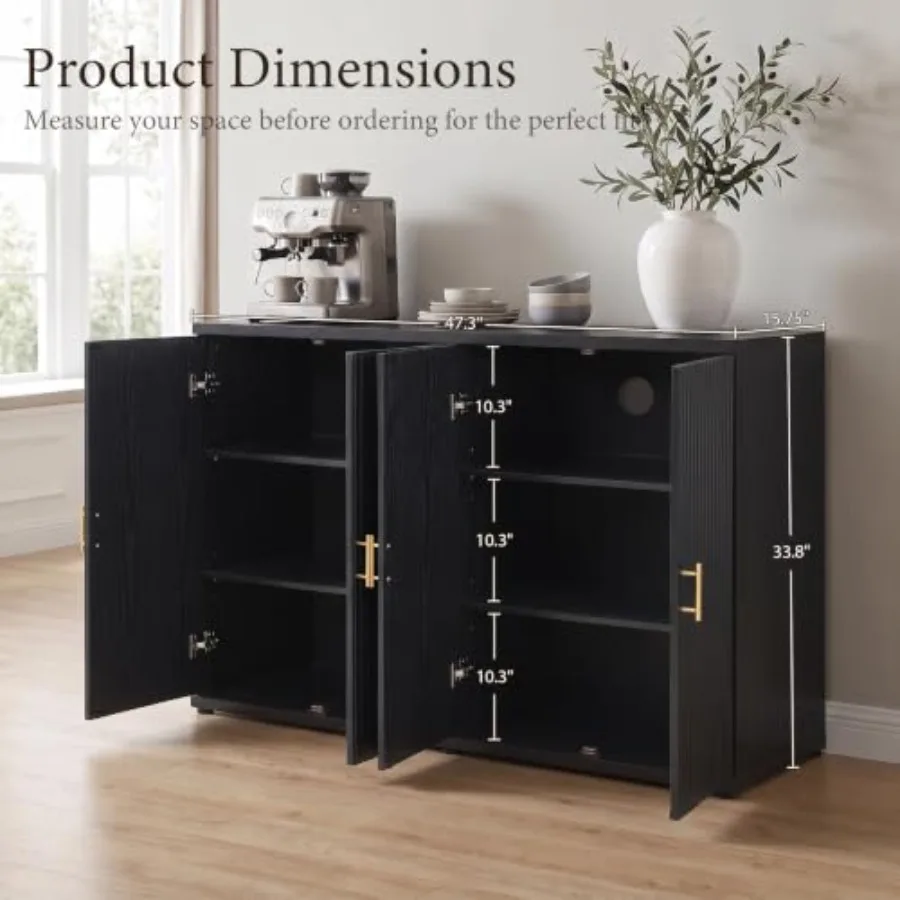 47.3 W Modern Fluted Sideboard Buffet Cabinet with Storage for dining room, engineered wood, matte white, soft-close hinges and
