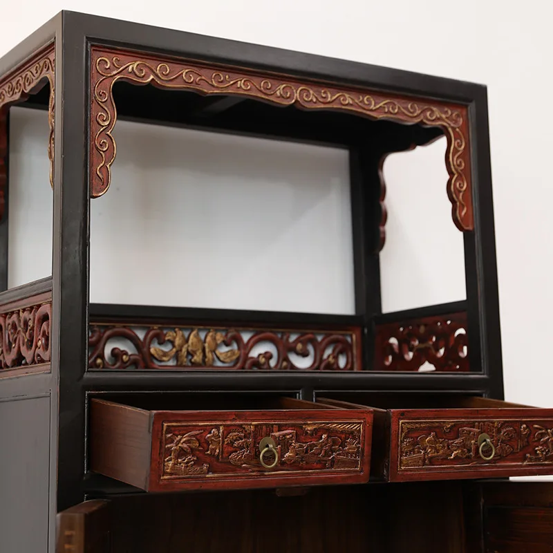 LTT Wabi-Sabi Style Classic Solid Wood Carved Bookshelf Vintage Distressed Storage Cabinet Living Room Corner Cabinet