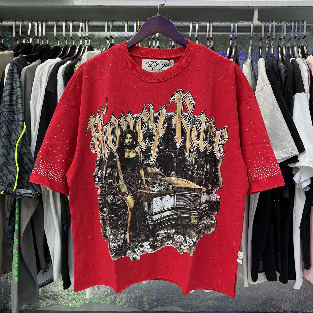 New casual trendy brand red BKYS Fight Club F-Terry Cropped Tee shiny rhinestone looped short sleeved T-shirt for men
