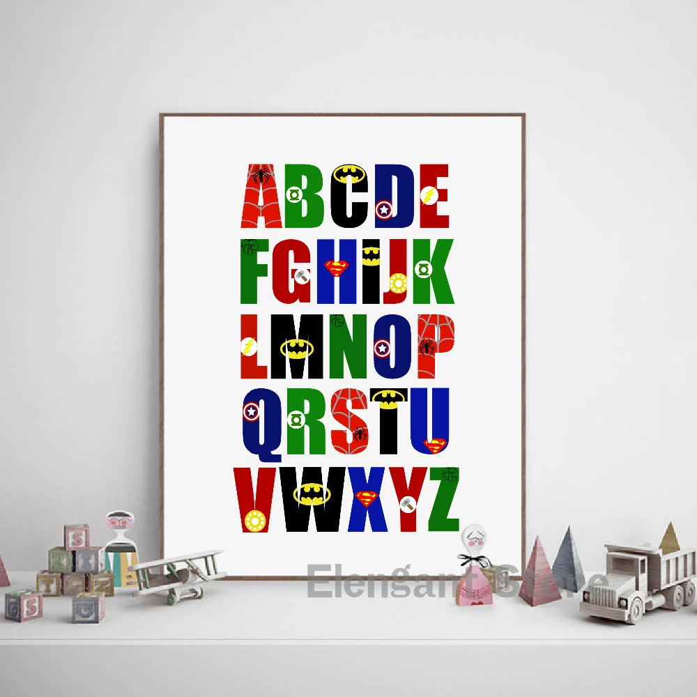 Superheroes Alphabet Print Boys Room Wall Decor, Wash Brush Flush Canvas Painting Bathroom Sign Kids Avengers Art Poster
