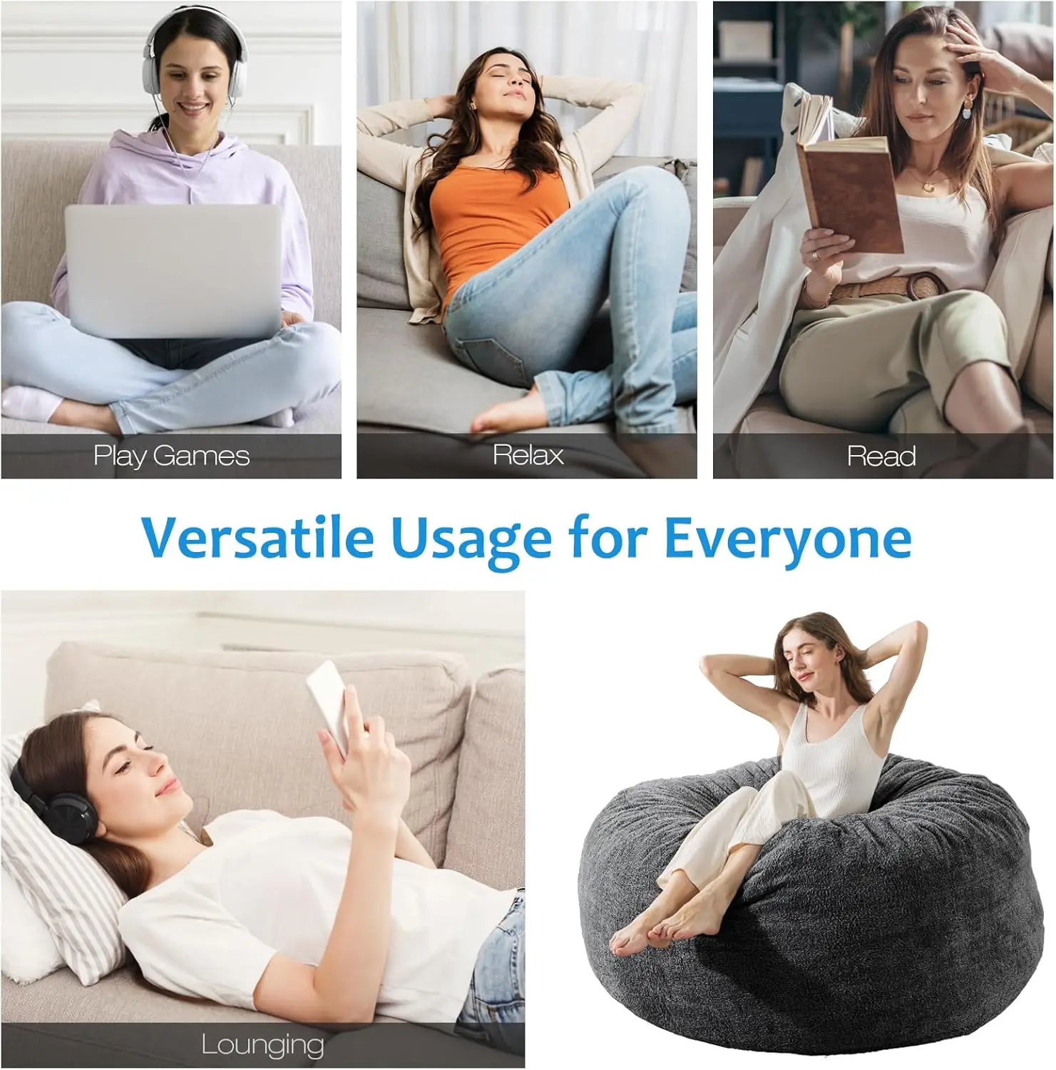 Cover] Large Bean Bag Chair: 4 ft Bean Bag Chairs for Adults/Kids with Filling,Ultra Soft Faux Fur Fabric,Memory Foam Bean Bag w