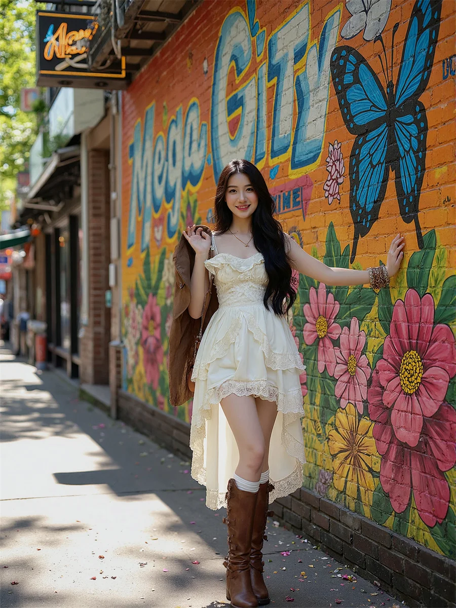 Abito da donna per ragazze stile coreano chic bordo a balze cocktail party matrimonio velluto Boho autunno manica corta in chiffon floreale