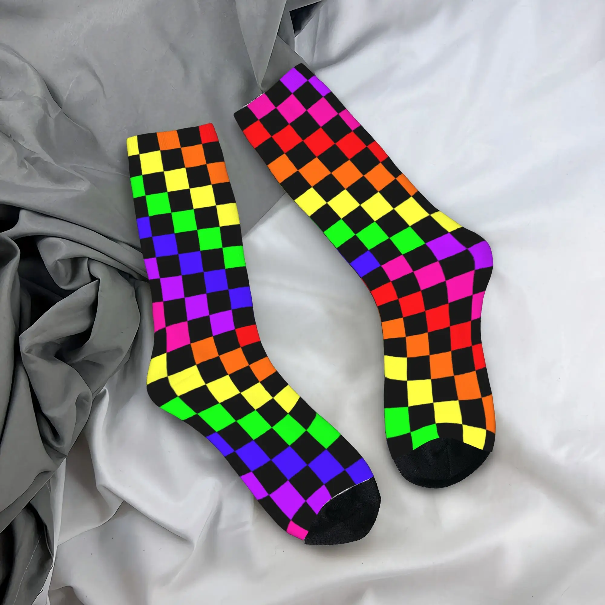 Черные носки с милым принтом в виде радужной шахматной доски для женщин и мужчин, эластичные летние, осенне-зимние носки в клетку тартан