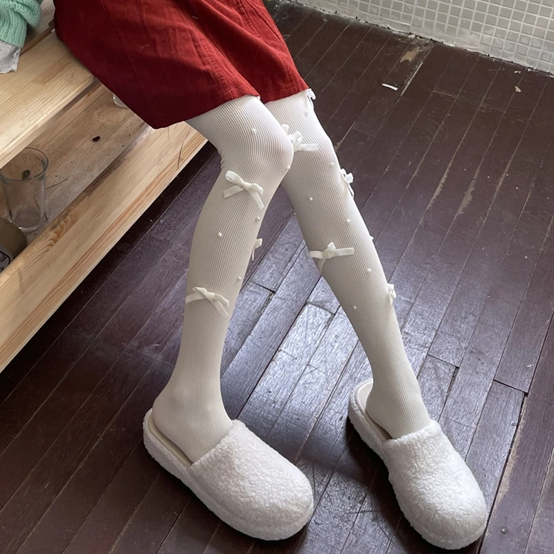 Lolita Velvet Bow Pantyhose for Women Lovely Cream Color Pearl Decoration Tights Girls JK Kawaii Winter Autumn Tights Ladies